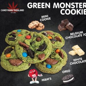 Delicious green monster cookies topped with Oreo, M&M's, mini cookies, and Belgian chocolate pieces.