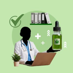 Medical cannabis oil with a healthcare professional and files in the background.