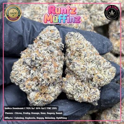 High-quality Runtz Muffinz cannabis buds with frosty trichomes and vibrant orange hairs.