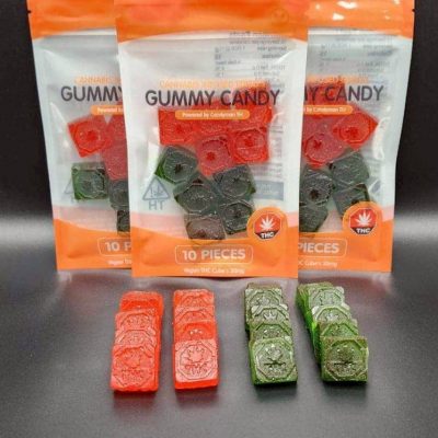 Assorted gummy candies in red and green, perfect for snacking or sharing.