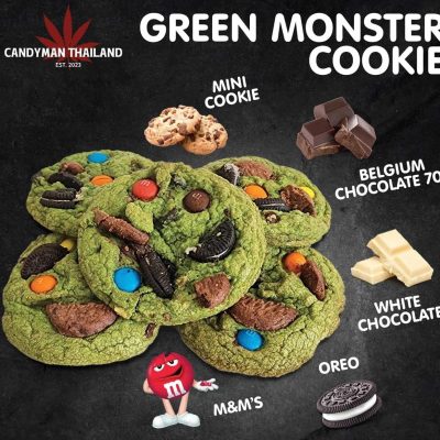 Delicious green monster cookies topped with Oreo, M&M's, mini cookies, and Belgian chocolate pieces.