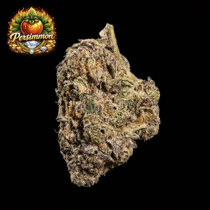 Close-up of ML Peachey cannabis bud with trichomes and vibrant colors.