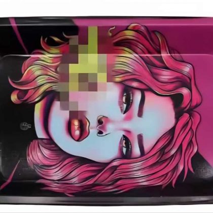 Custom tray with vibrant anime-style girl illustration for delivery service.