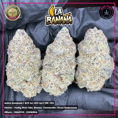 Three large cannabis buds covered in trichomes, labeled La Banana strain.